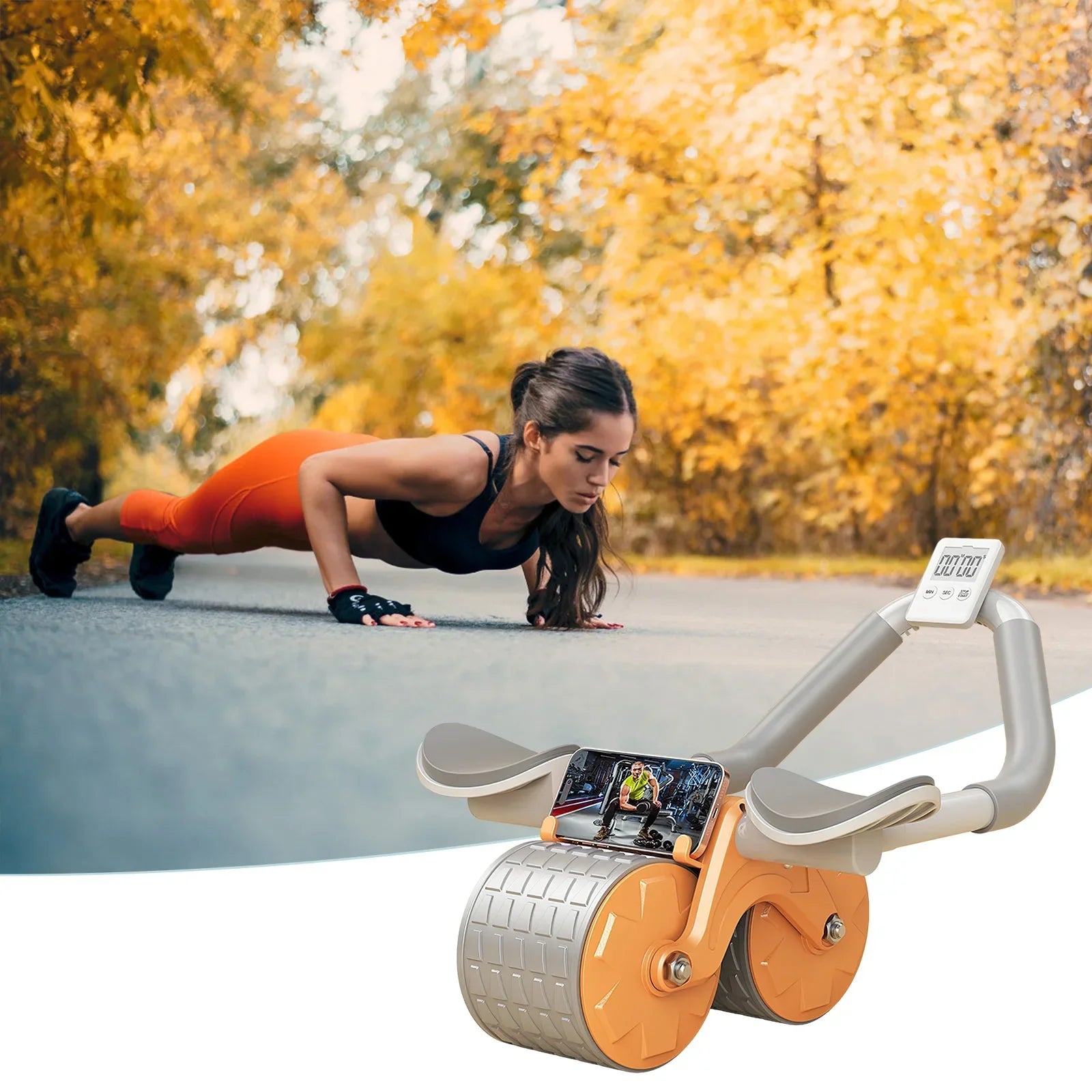 Roue abdominale à rebond automatique avec support et minuteur